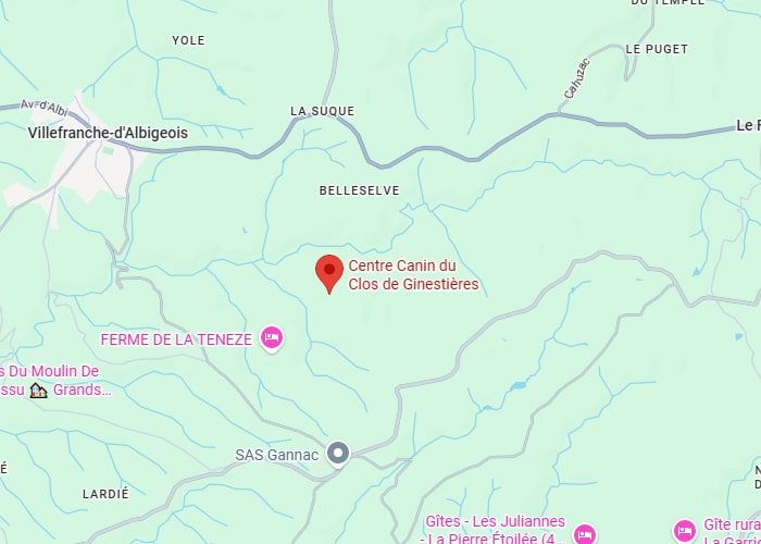 Centre Canin du Clos de Ginestières : carte et accès. Carte de localisation du Centre Canin du Clos de Ginestières, situé entre Villefranche-d'Albigeois, Belleselve et SAS Gannac.